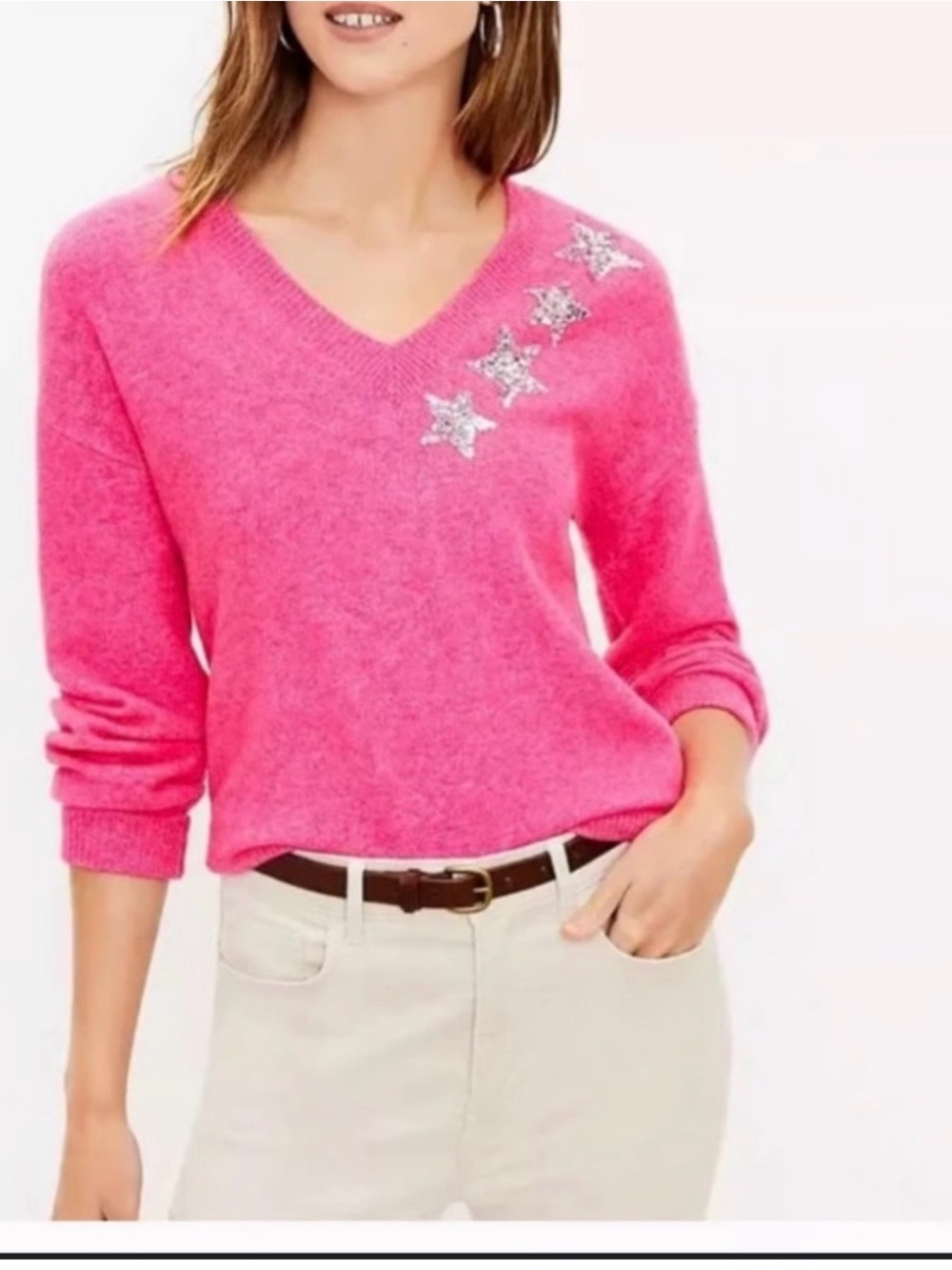 LOFT Hot Pink V-Neck Sweater with Silver Sequin Stars
